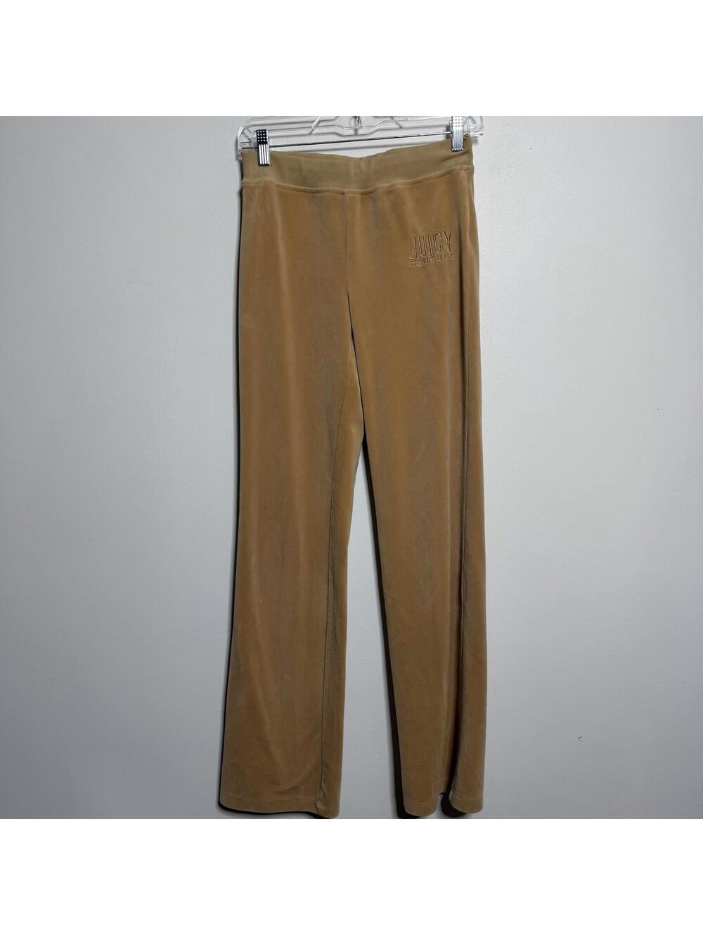 Juicy Couture Tan Camel Velour Track Pants XS Y2K Flare Logo Embroidered